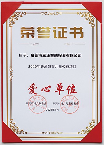 6月3日上午，東莞市婦聯(lián)聯(lián)合市委組織部、市直工委、市婦女兒童福利會共同啟動了2021年東莞市婦女兒童“黨群公益匯”活動。啟動議式上，三正金融投資公司被授予“愛心單位”榮譽證書。